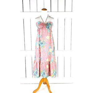 Vintage dusty peach pink floral rushed halter top ruffle dress